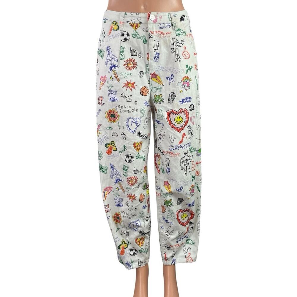 Colin LoCascio Jenni Dear Diary Doodle Palazzo Wide Straight Denim Jean Pants M